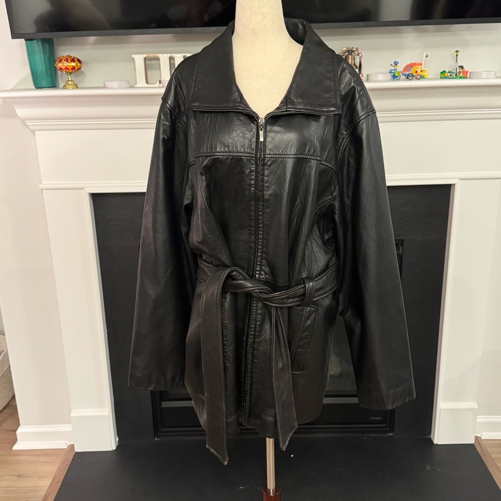 Charles Klein Woman Genuine Leather Belted Jacket – Black – Size 3X